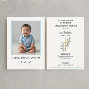 Simple Photo baptism baby boy remembrance card
