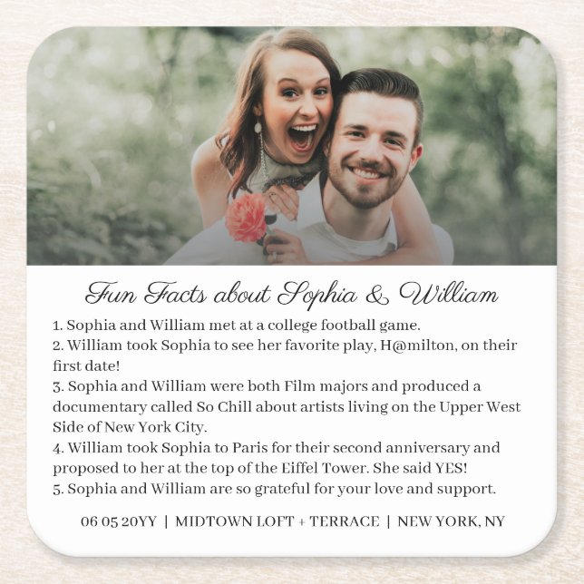 Simple Photo Black Calligraphy Fun Facts Wedding   Square Paper Coaster (Front)