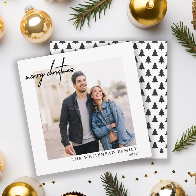 Simple Photo Black Merry Christmas White Holiday Card (Creator Uploaded)