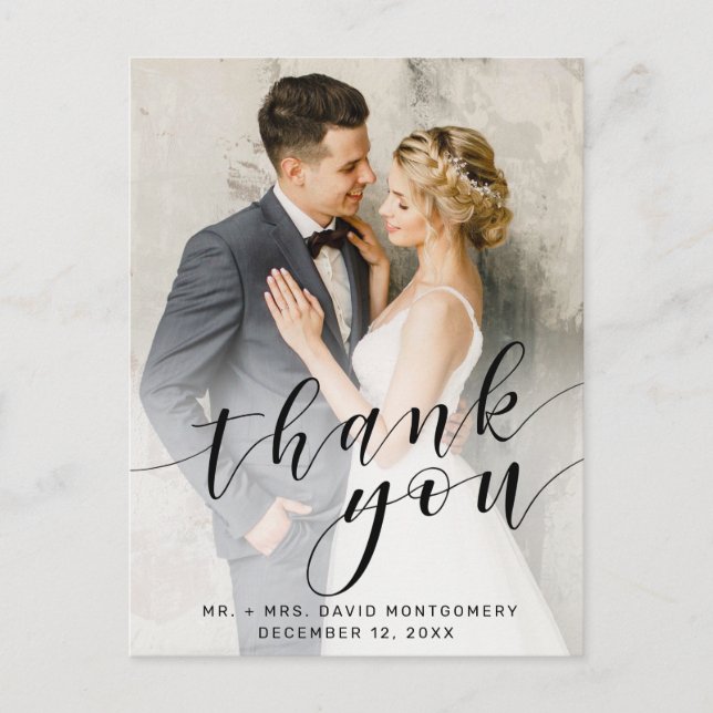 Simple Photo Black Script Wedding Thank You Postcard (Front)