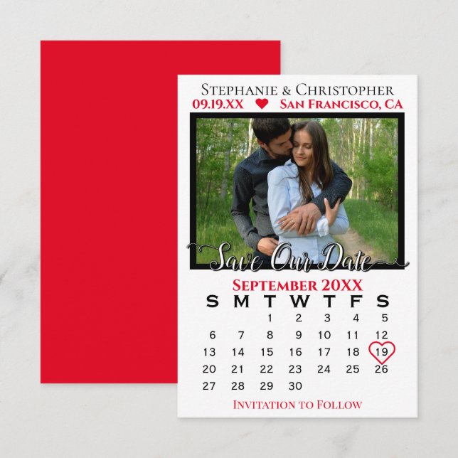 Simple Photo Calendar Red Wedding Save Our Date Card (Front/Back)
