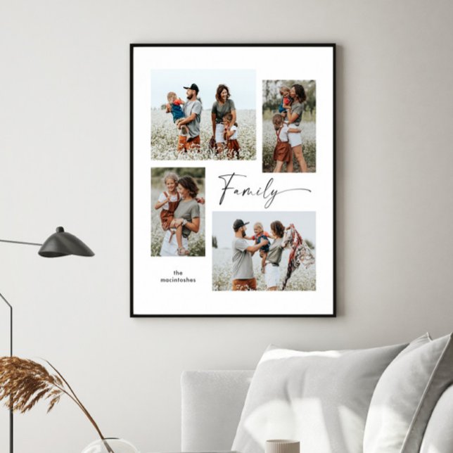 Simple Photo Collage Black and White Family Poster (Simple black and white script family 4 photo collage print poster.)