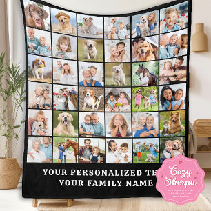 Simple Photo Collage Black Personalized 36 Picture Sherpa Blanket