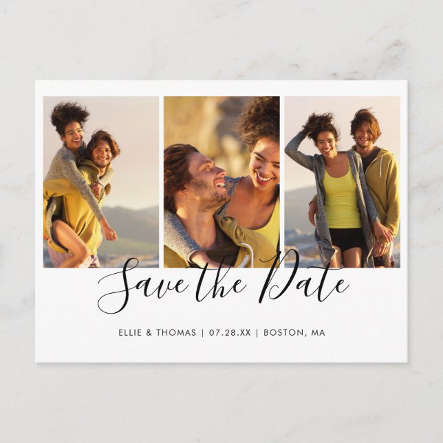 Simple Photo Collage Elegant Script Save The Date Announcement Postcard (Front)