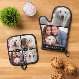 Simple Photo Collage Mitt 2 Potholder 4 Name Oven Mitt & Pot Holder Set