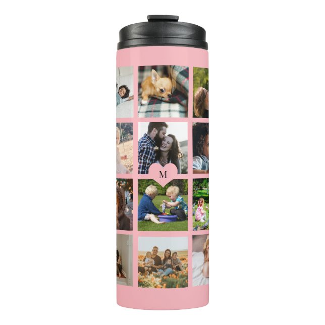 Simple photo collage monogrammed keepsake blush thermal tumbler (Front)
