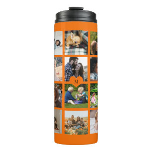 Simple photo collage monogrammed keepsake orange thermal tumbler