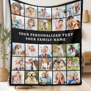 Simple Photo Collage Personalized 25 Picture Black Fleece Blanket