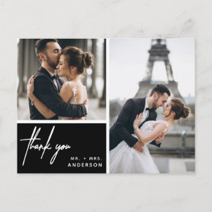 Simple Photo Collage Wedding Black Thank You Postcard