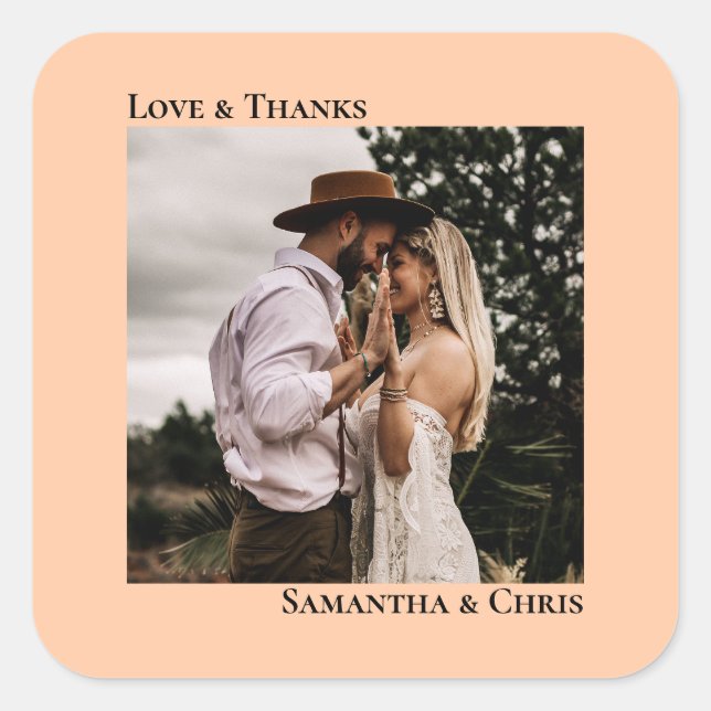 Simple Photo Coral Peach Love & Thanks Wedding Square Sticker (Front)