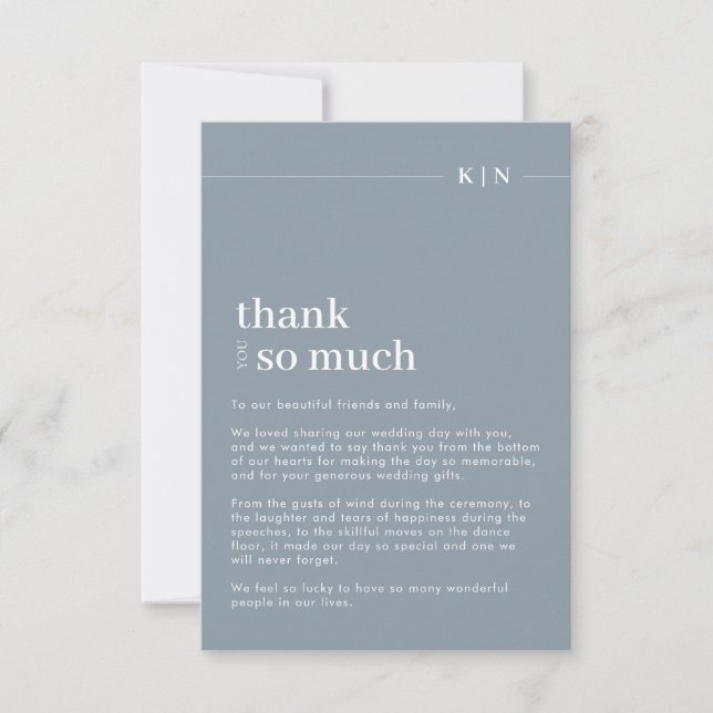 Simple Photo Dusty Blue Monogram Wedding  Thank You Card (Front)