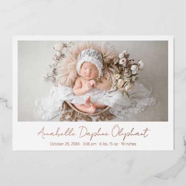 Simple Photo Elegant Birth Announcement Rose Gold (Front)