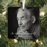 Simple Photo Elegant Memorial Metal Ornament<br><div class="desc">Square memorial ornament featuring a simple design with "In Loving Memory Of" along with the name, birth year and death year of your loved one in an elegant calligraphy font over your favourite photo. The template allows for two different photos, or you may use the same picture on both sides....</div>