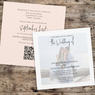 Simple Photo Elegant Minimalist QR Code RSVP Coral Invitation