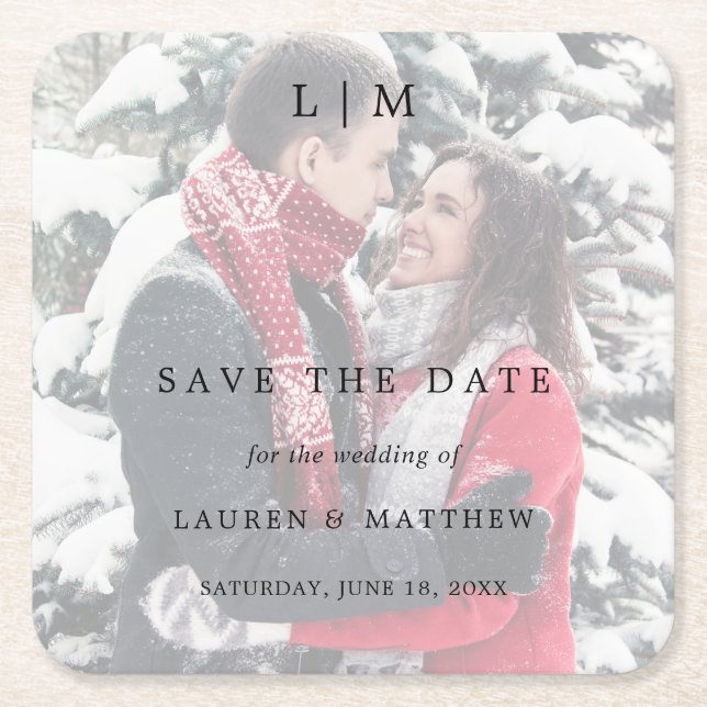 Simple Photo Elegant Wedding Save the Date Square Paper Coaster (Front)