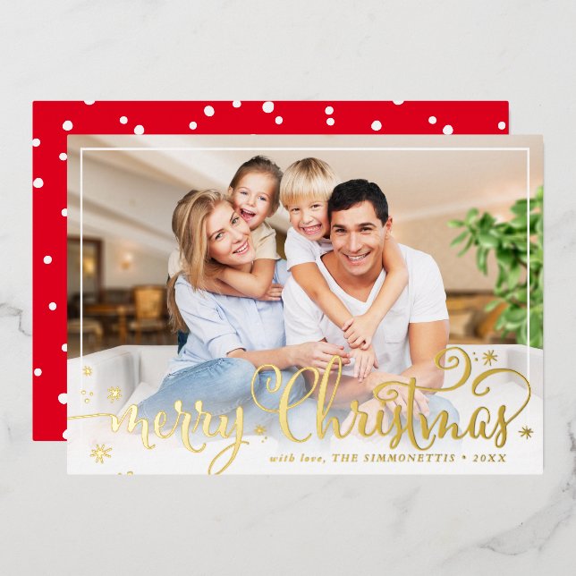 SIMPLE PHOTO FRAME fun calligraphy Merry Christmas Foil Holiday Card (Front/Back)