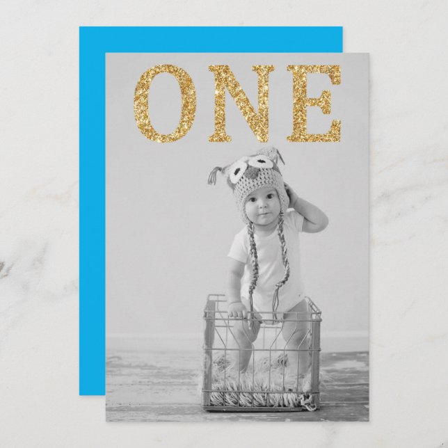 Simple Photo Gold Glitter 1st Birthday Invitation (Front/Back)