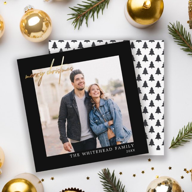 Simple Photo Gold Merry Christmas Black Holiday Card (Creator Uploaded)