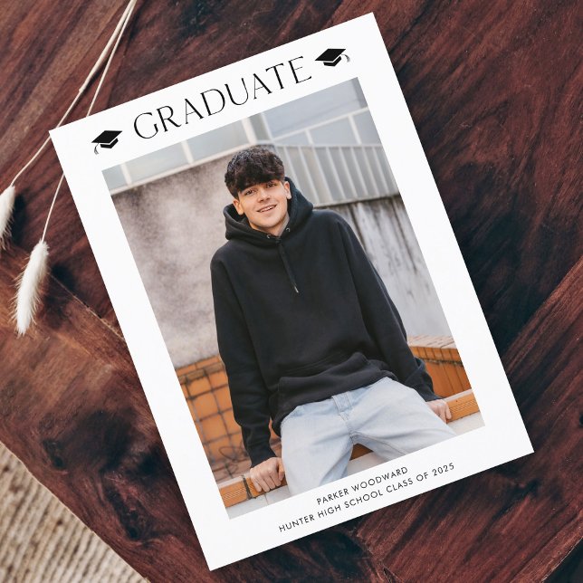 Simple Photo Graduation Invitation Postcard (Simple black and white cap photo graduation invitation announcement postcard.)