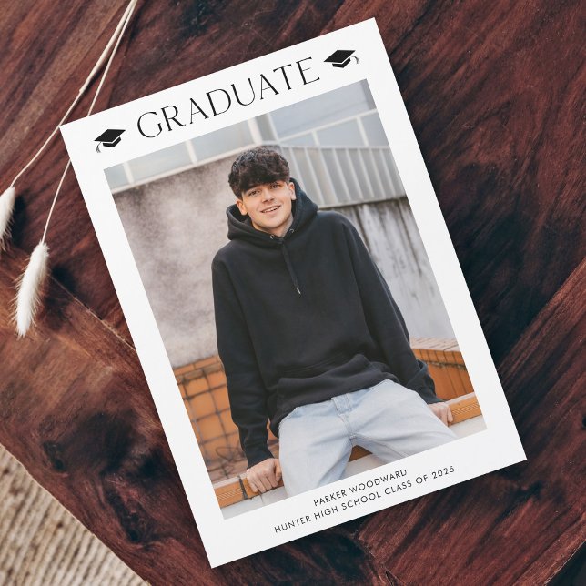 Simple Photo Graduation Magnetic Invitation (Simple black and white cap photo graduation announcement magnetic card.)