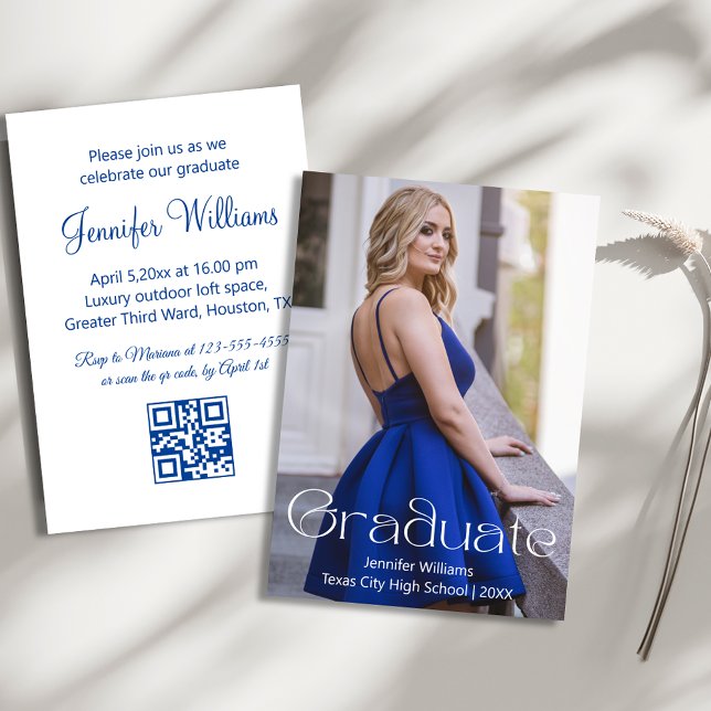 simple photo graduation party qr code rsvp blue  invitation (Creator Uploaded)