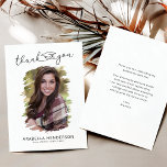 Simple Photo Graduation Thank You Card<br><div class="desc">Minimalist graduation thank you cards featuring a simple white background that can be changed to any colour,  a photo of the graduate,  the words "thank you" in a elegant script font that incorporates a mortarboard cap,  the grads name,  school,  year,  and a personalized a thank you note.</div>