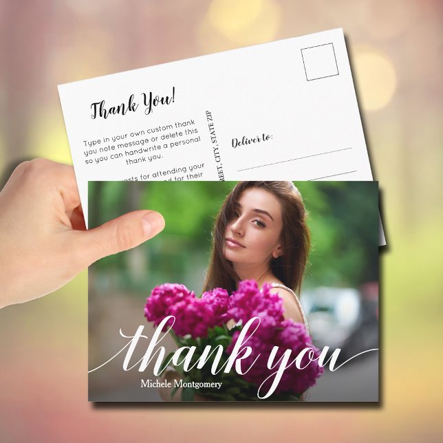 Simple Photo Graduation White Script Thank You Postcard (Simple photo graduation thank you Postcards)