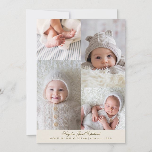 Simple Photo Grid Cream Birth Announcement (Front)