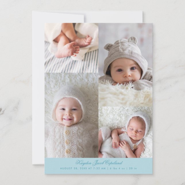 Simple Photo Grid Turquoise Birth Announcement (Front)