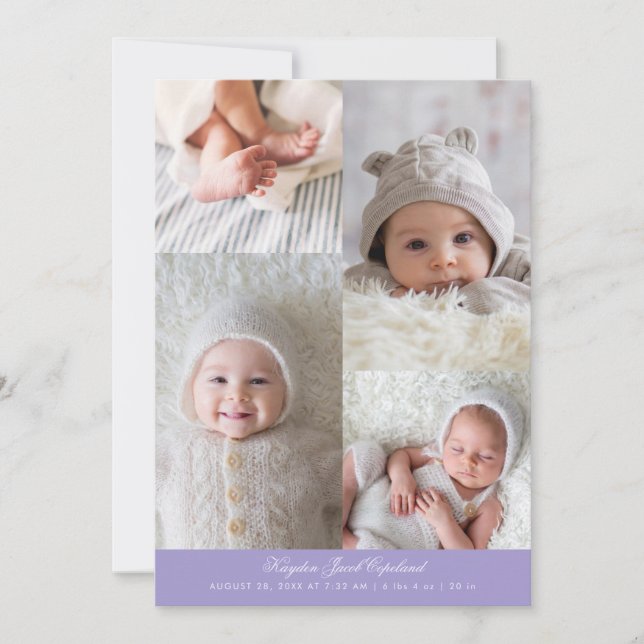 Simple Photo Grid Violet Birth Announcement (Front)
