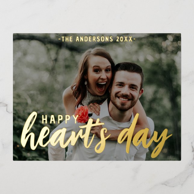 Simple Photo Happy Heart's Day Script Foil Holiday Postcard (Front)