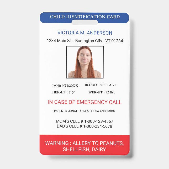 Simple Photo Identification Emergency Child ID Badge (Front)