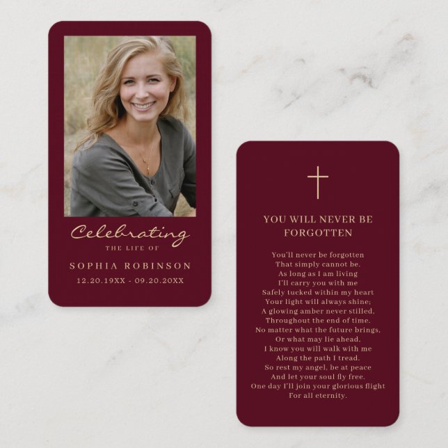 Simple Photo Memorial Burgundy Gold Prayer Card (Front/Back)