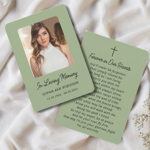 Simple Photo Memorial Sage Green Prayer Card