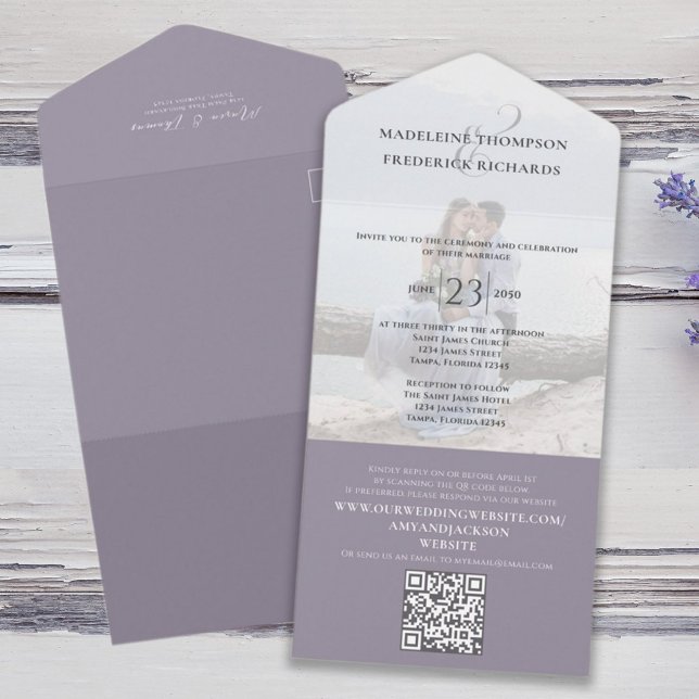 Simple Photo Minimalist Wisteria QR Code RSVP  All In One Invitation (Elegant lilac lavender all in one photo wedding invitation with QR Code)