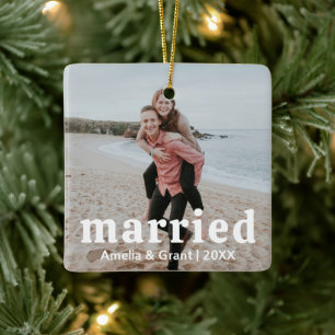 Simple Photo Modern First Christmas Married Ceramic Ornament