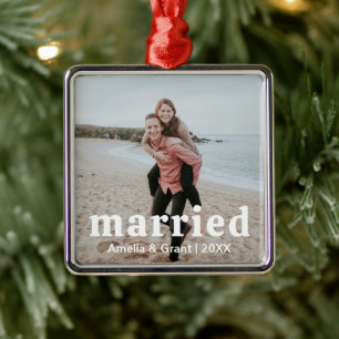 Simple Photo Modern First Christmas Married Metal Ornament