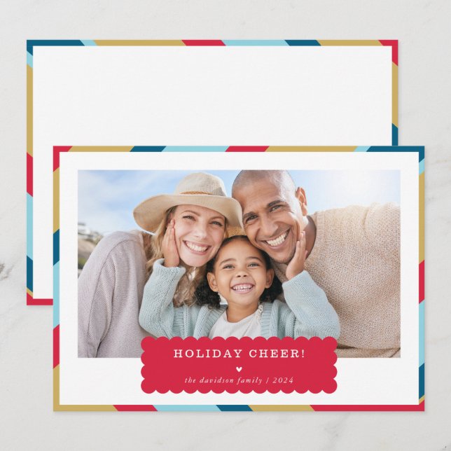 SIMPLE PHOTO modern minimal geometric red gold  Holiday Card (Front/Back)