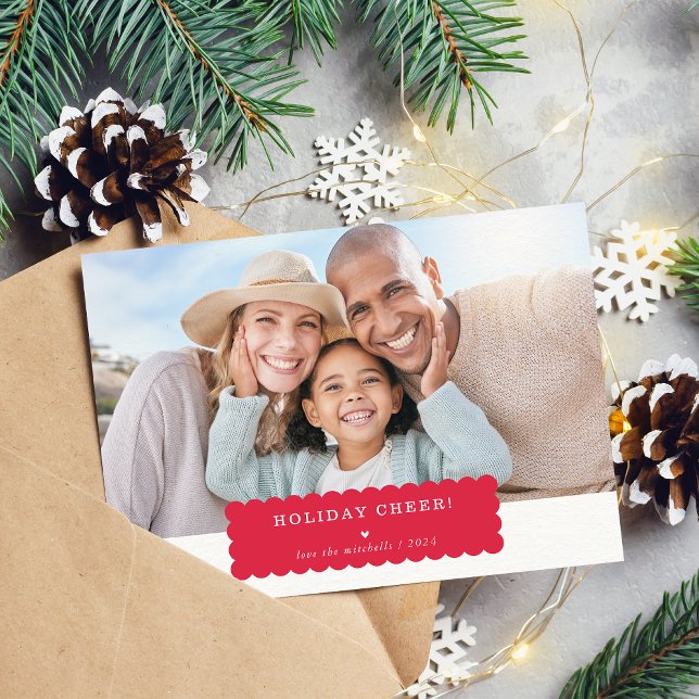 SIMPLE PHOTO modern minimal scallop edge red Holiday Card (Creator Uploaded)