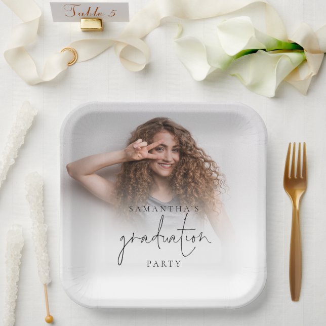 Simple Photo Name Script Graduation Paper Plate (Wedding)