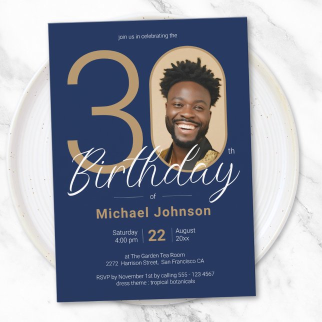 Simple Photo Navy Blue Gold Men's 30th Birthday Invitation (Simple Photo Navy Blue Gold Men's 30th Birthday Invitation)