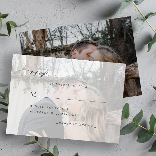 Simple photo overlay black and white wedding RSVP card (Creator Uploaded)