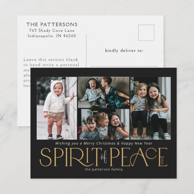 Simple Photo Peace Black Gold Holiday Postcard (Front/Back)
