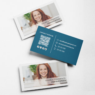 Simple Photo Professional QR Code Blue Business Card