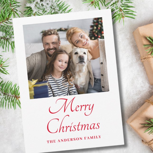 Simple Photo Red Script Christmas  Holiday Card (Creator Uploaded)
