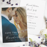 Simple Photo Save the Date Wedding Invite Template<br><div class="desc">This simply chic photo wedding save the date flat card has a warm, minimalist design. The front features SAVE THE DATE text above your first names and date and wedding location. This text is white and your names are highlighted with a lively, whimsical handwriting font that lends a sense of...</div>