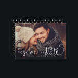 Simple Photo Save the Dates, Hand Lettered Script Date<br><div class="desc">These simple photo save the dates feature charming hand-lettered calligraphy script. Overlaid on your photo with a black fade at the bottom (you can remove this if you don't need it via Zazzle's customize/personalize tool). A cute polka dot background finishes off the design!</div>