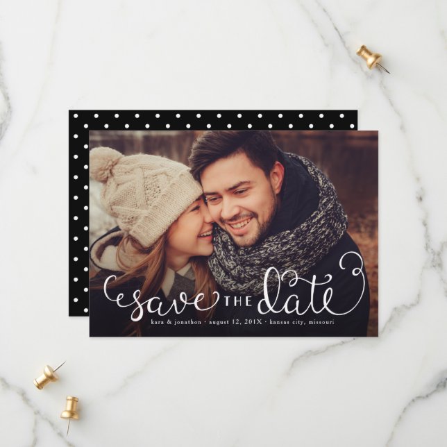 Simple Photo Save the Dates, Hand Lettered Script Save The Date (Front/Back In Situ)