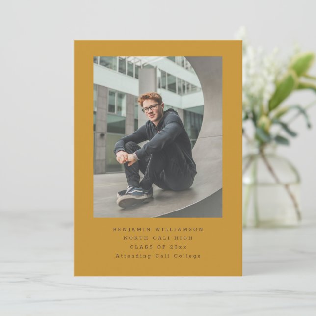 Simple Photo Typewriter Mustard Basic Graduation Announcement (Standing Front)