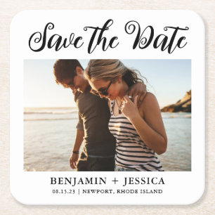 Simple Photo Wedding Black and White Save the Date Square Paper Coaster